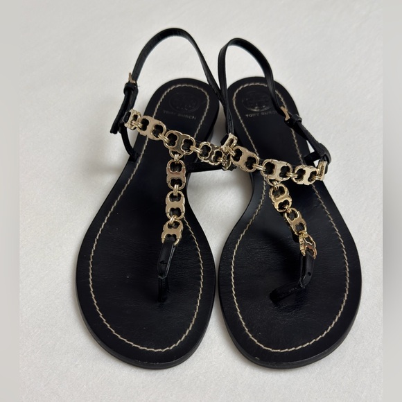 Tory Burch Gemini Black Leather Gold Chain Link Sandals Size 9 Classic Summer - Picture 8 of 9
